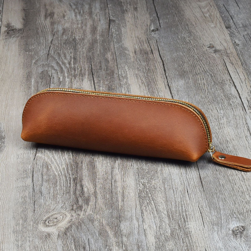 Vintage Minimalist Cowhide Zippered Pencil Case