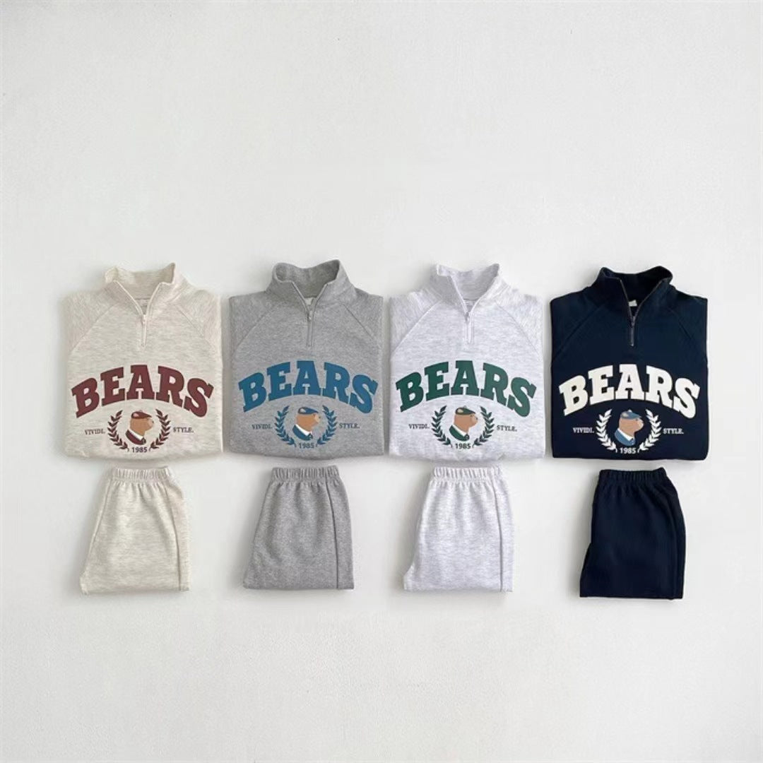 Wholesale Cotton Children's Cartoon Bear Zipper Sweatshirt Sweatpants Set