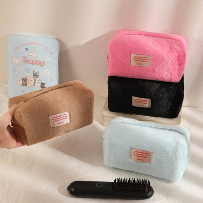 Girls Plush Solid Color Makeup Bag Large Capacity Stationery Storage Bag