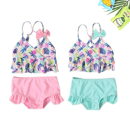Split Girls Dragonfly Dot Print Swimwear