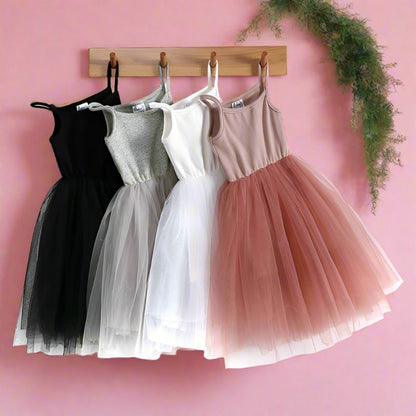 Girls Suspenders Rib Splicing Mesh Princess Dress