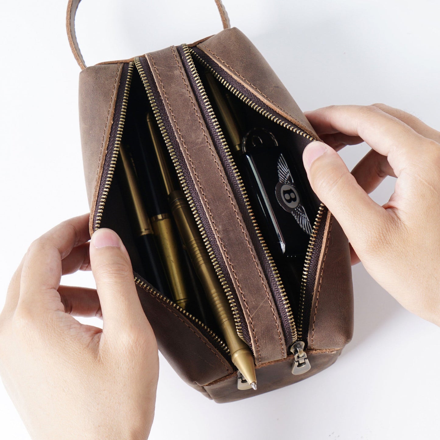 Leather Simple Large -capacity Creative Double -layer Zipper Bag