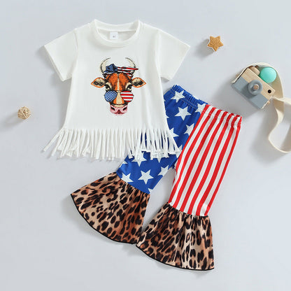 Cotton Cow Tassel Leopard Print Flared Pants Girls Set
