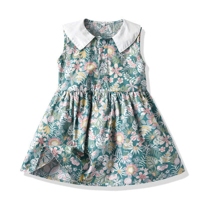 Children's Cotton Sleeveless Floral Doll Neck Dresses