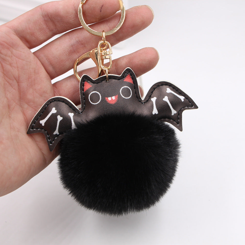 Halloween PU Leather Bat Fur Ball Keychain