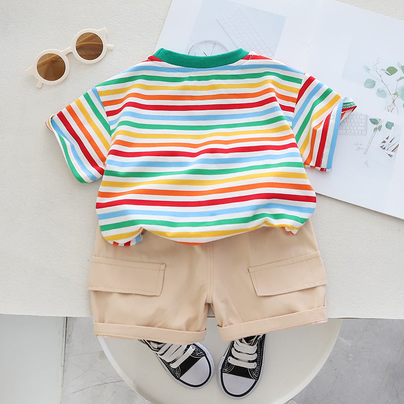 Boys' Summer Striped Short Sleeved Cotton Two-piece Set