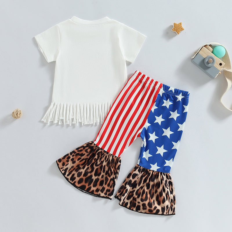 Cotton Cow Tassel Leopard Print Flared Pants Girls Set