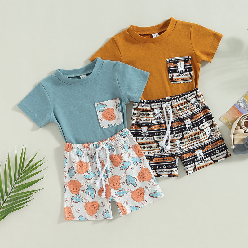 Cotton Summer New Aztec Western Cowboy T-Shirt Shorts Set