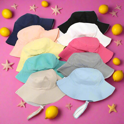 Cotton Solid Color Kids Bucket Hat with Windproof Rope