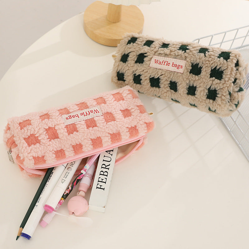Waffle Lamb Plush Checkerboard Pencil Case