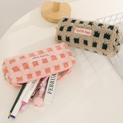 Waffle Lamb Plush Checkerboard Pencil Case