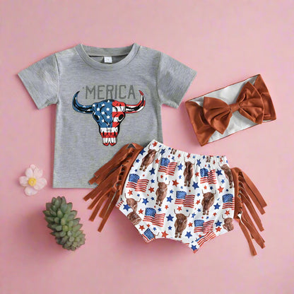 Cotton Independence Day Bull Head T-Shirt Tassel Shorts Set