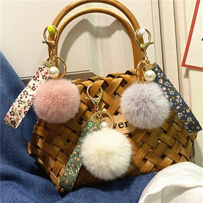 Plush Floral Ribbon Pom Keychain