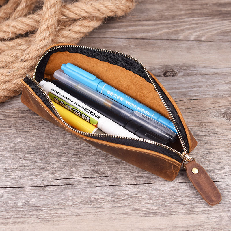 Vintage Minimalist Cowhide Zippered Pencil Case