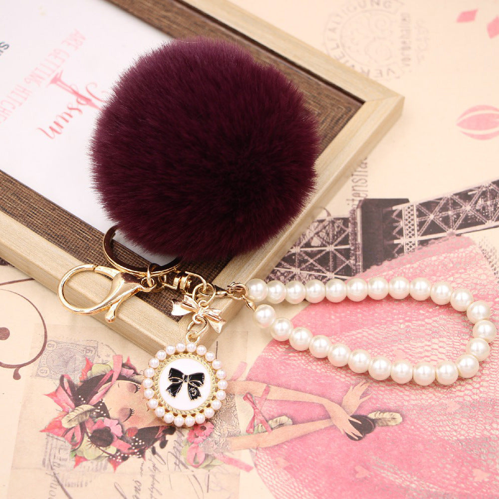 Imitation Rex Rabbit Fur Ball Pearl Chain Bow