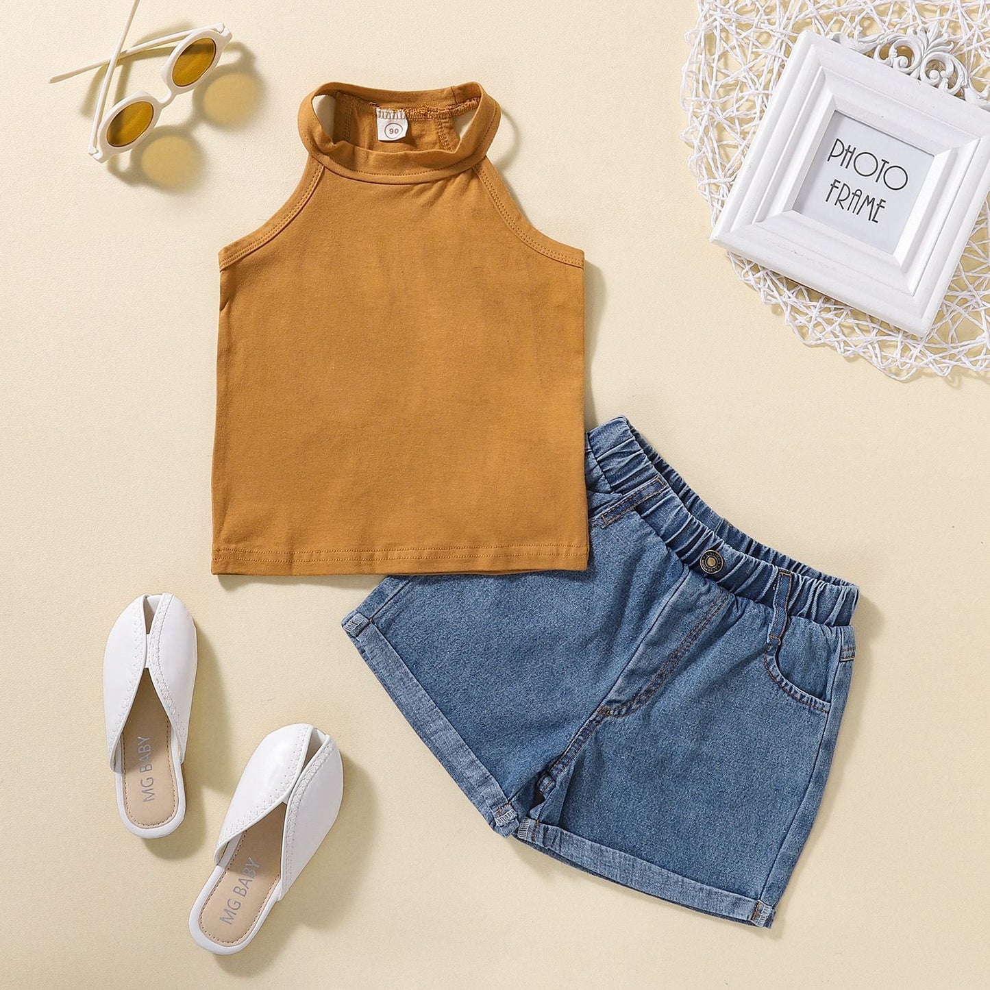 Short Solid Color Vest + Jeans Set Cotton Baby Clothes