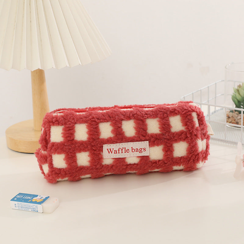 Waffle Lamb Plush Checkerboard Pencil Case