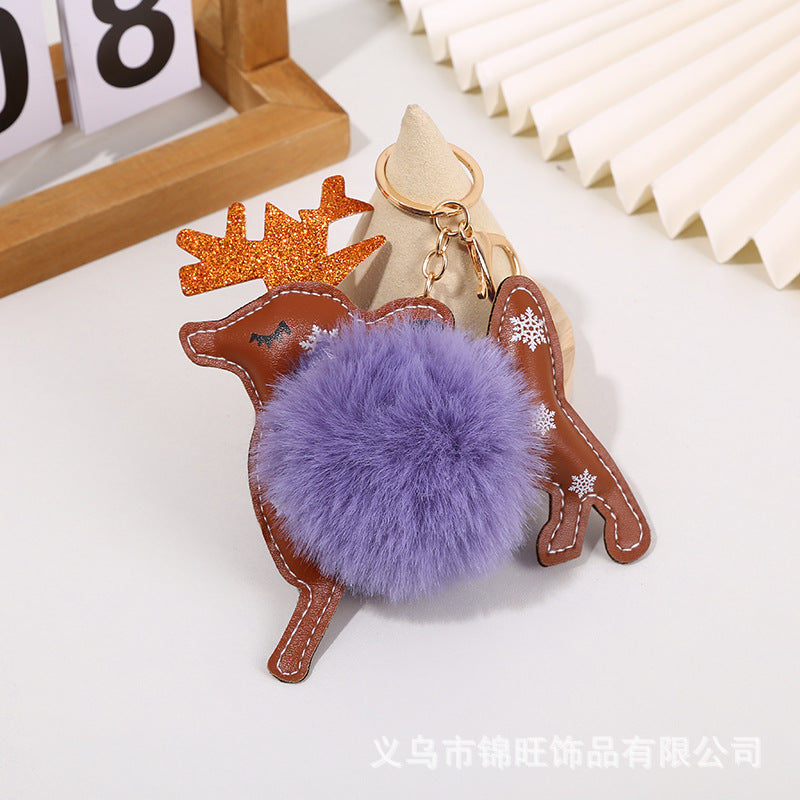 Christmas Leather Elk Santa Claus Fur Ball Keychain