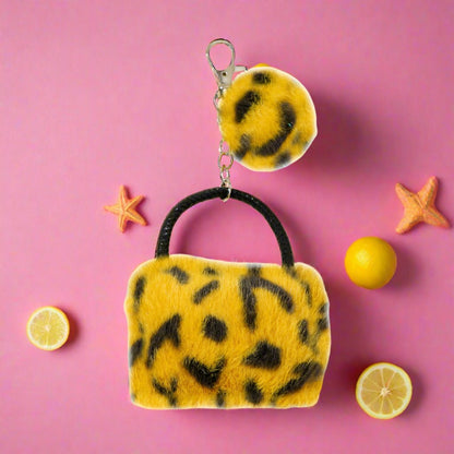 Leopard Print Solid Color Plush Small Bag Keychain