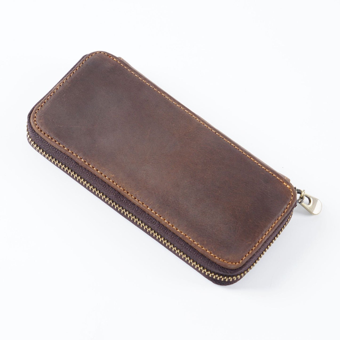 Top Layer Cowhide Crazy Horse Leather Square Zipper Pencil Case