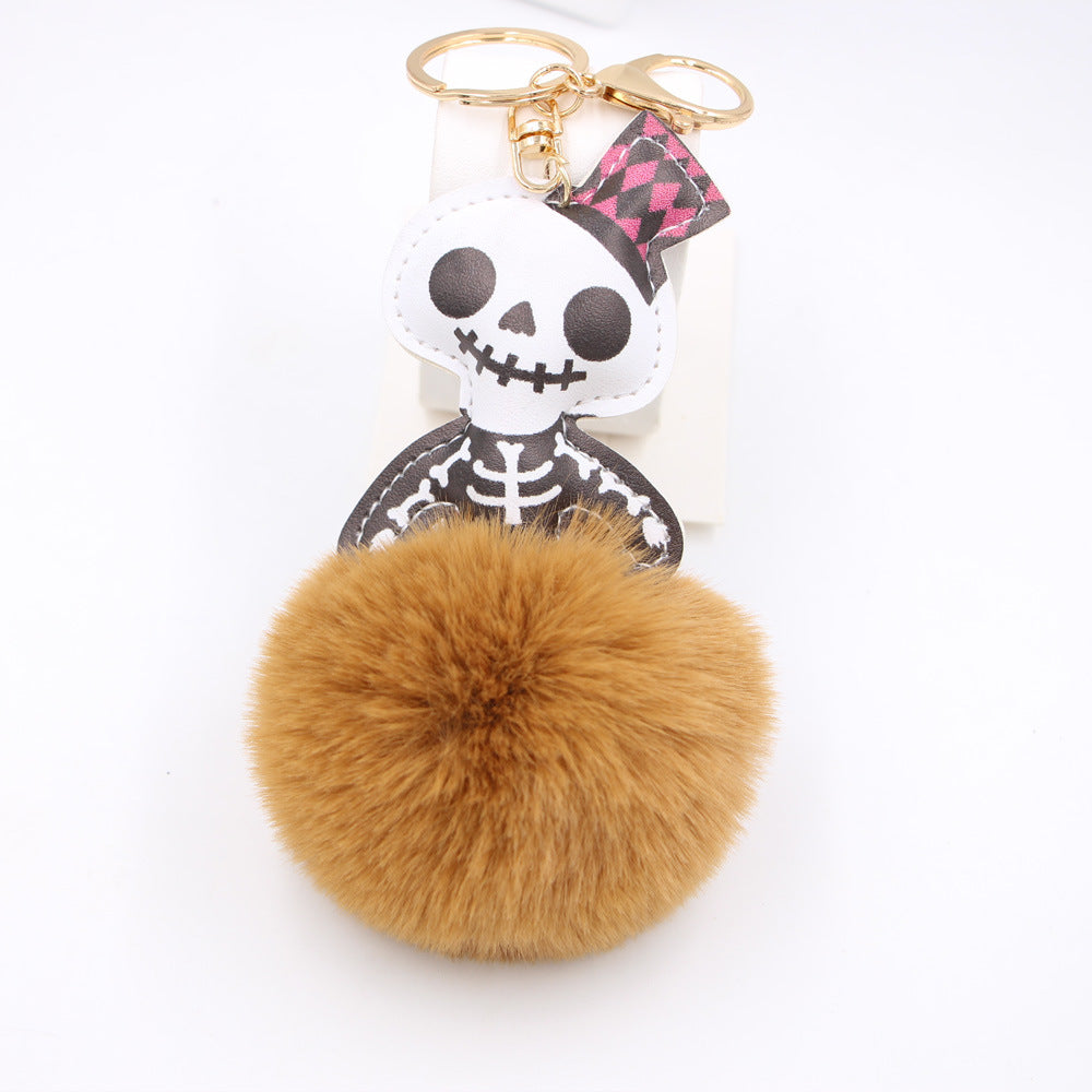 Halloween Leather Skull Fur Ball Keychain
