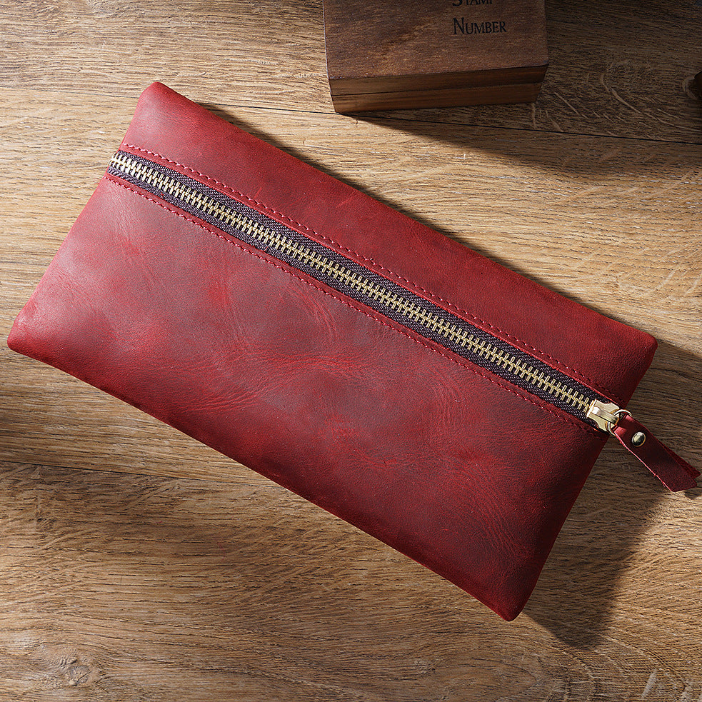 Cowhide Large -capacity Zipper Simple Portable Pen Bag