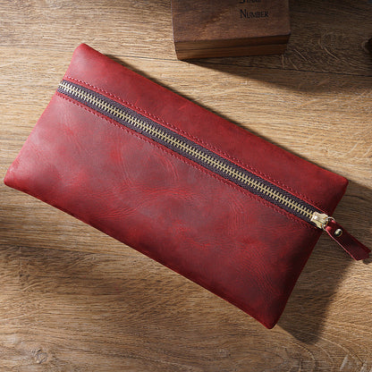 Cowhide Large -capacity Zipper Simple Portable Pen Bag