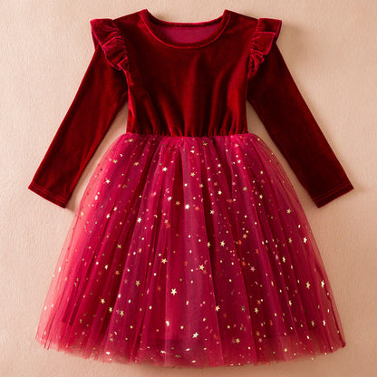 Wholesale Christmas Children's Long Sleeved Star Sequin Mesh Cotton Dresses