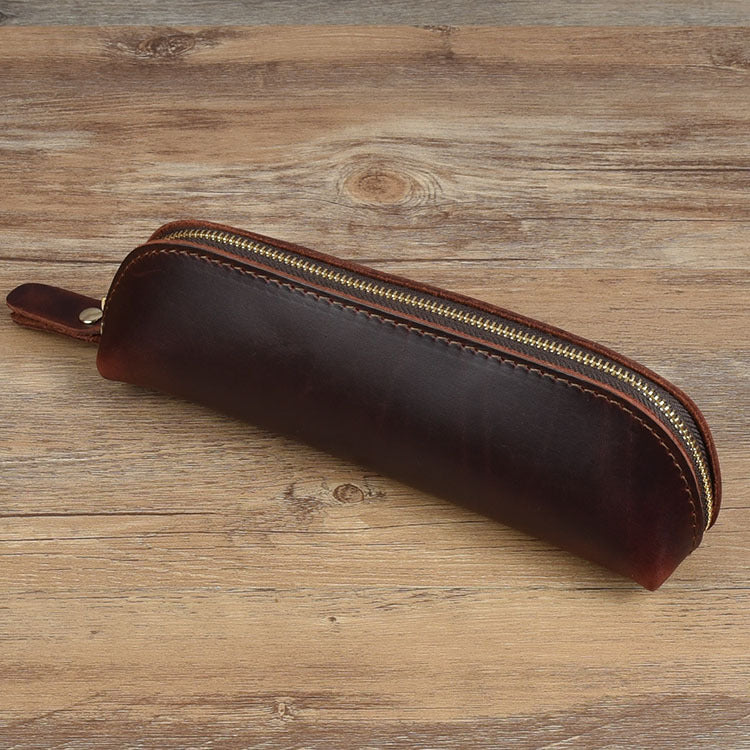 Vintage Minimalist Cowhide Zippered Pencil Case
