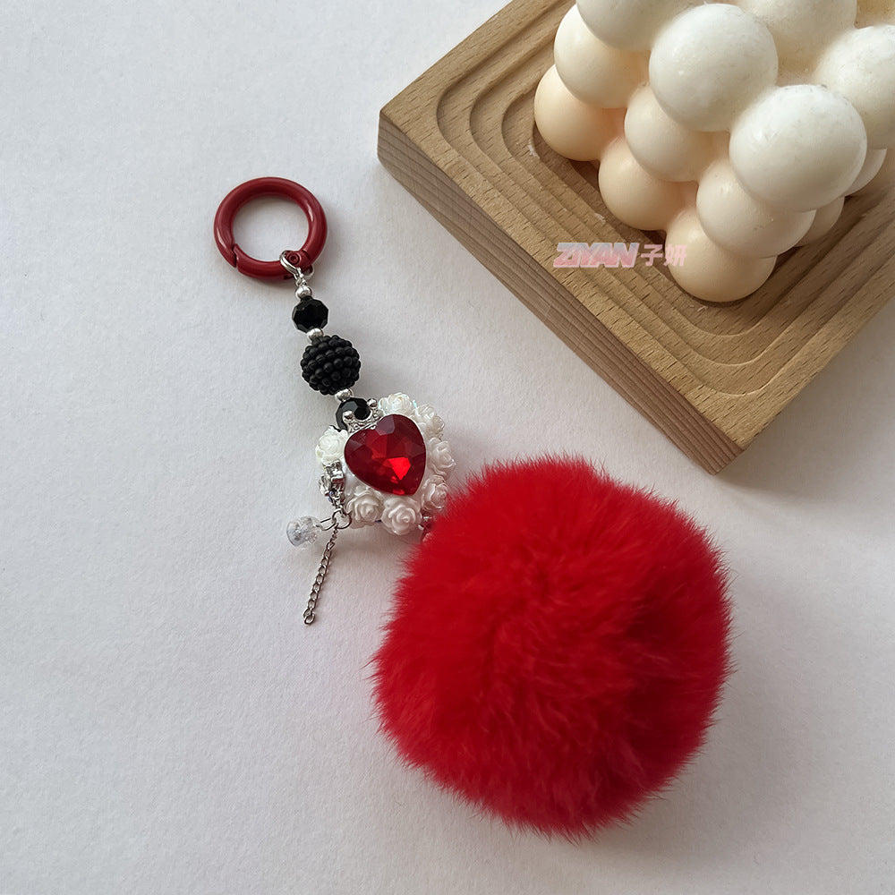 Hair Ball Heart-shaped Rose Diamond Ball Keychain