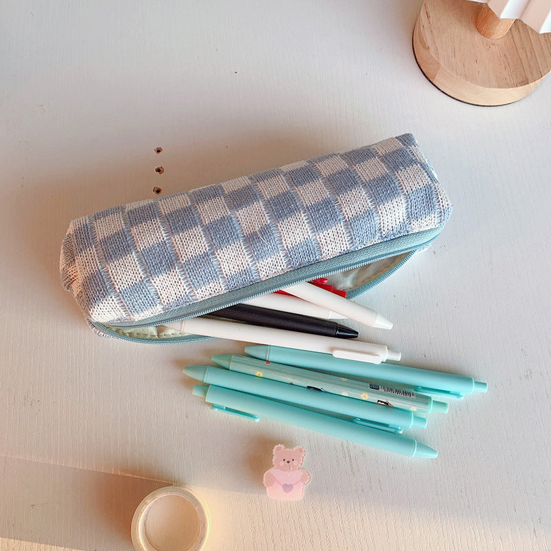 Checkerboard Knitted Large Capacity Wool Pencil Bag