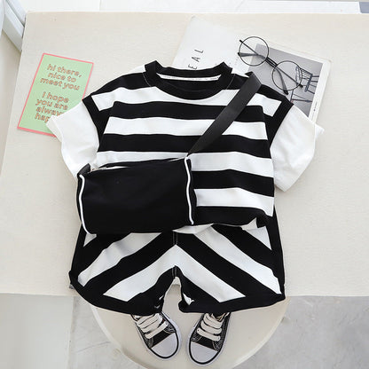 Boys Summer Short Sleeved Shorts Shoulder Bag Cotton Set