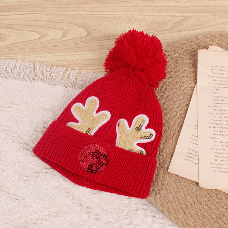 Wholesale Acrylic Cartoon Sequins Cute Christmas Antlers Kids Knitted Hat