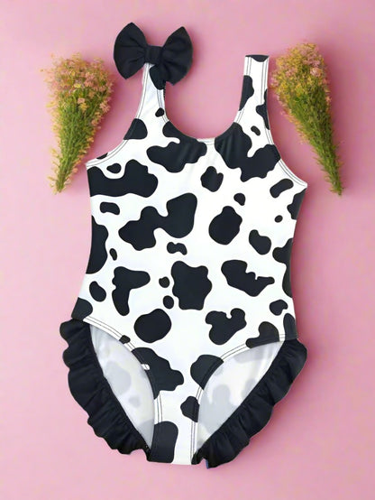 Baby Girls Ruffles Dairy Cow Black and White Bow Swimwear