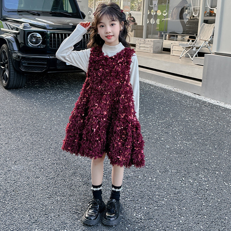 Wholesale Children's Velvet Sequin Tassel Dress