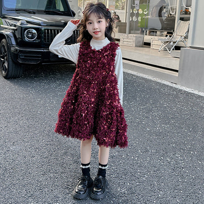 Wholesale Children's Velvet Sequin Tassel Dress