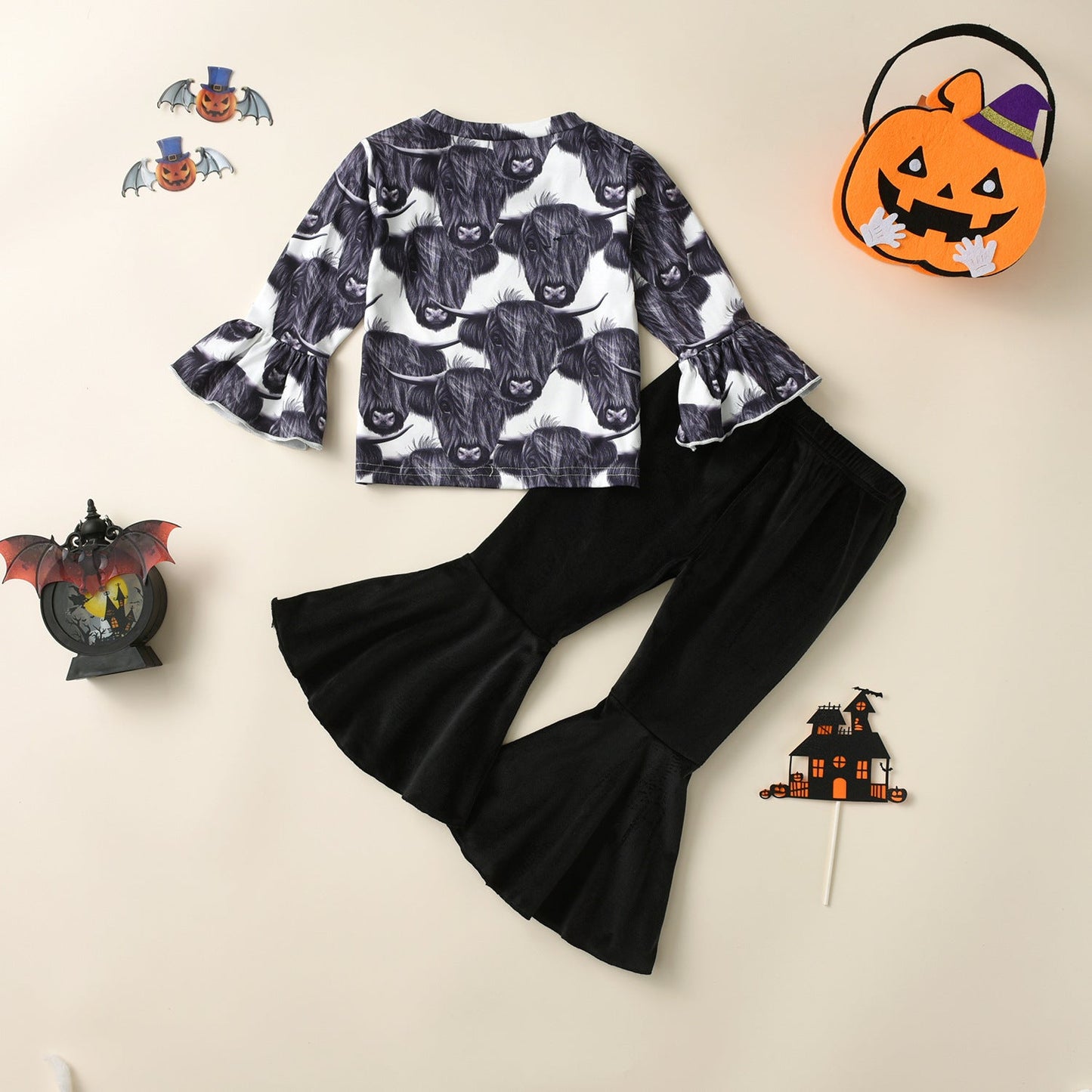 Wholesale Cotton Cow Head Print Top Solid Color Casual Pants Suit