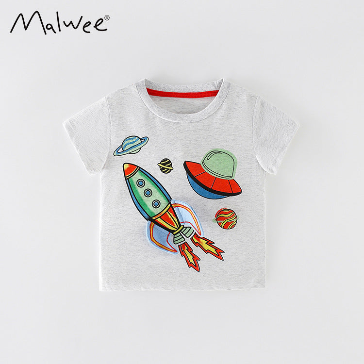 Small and medium-sized boys' cartoon cotton short sleeve round neck T-shirt