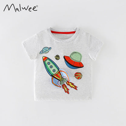 Small and medium-sized boys' cartoon cotton short sleeve round neck T-shirt