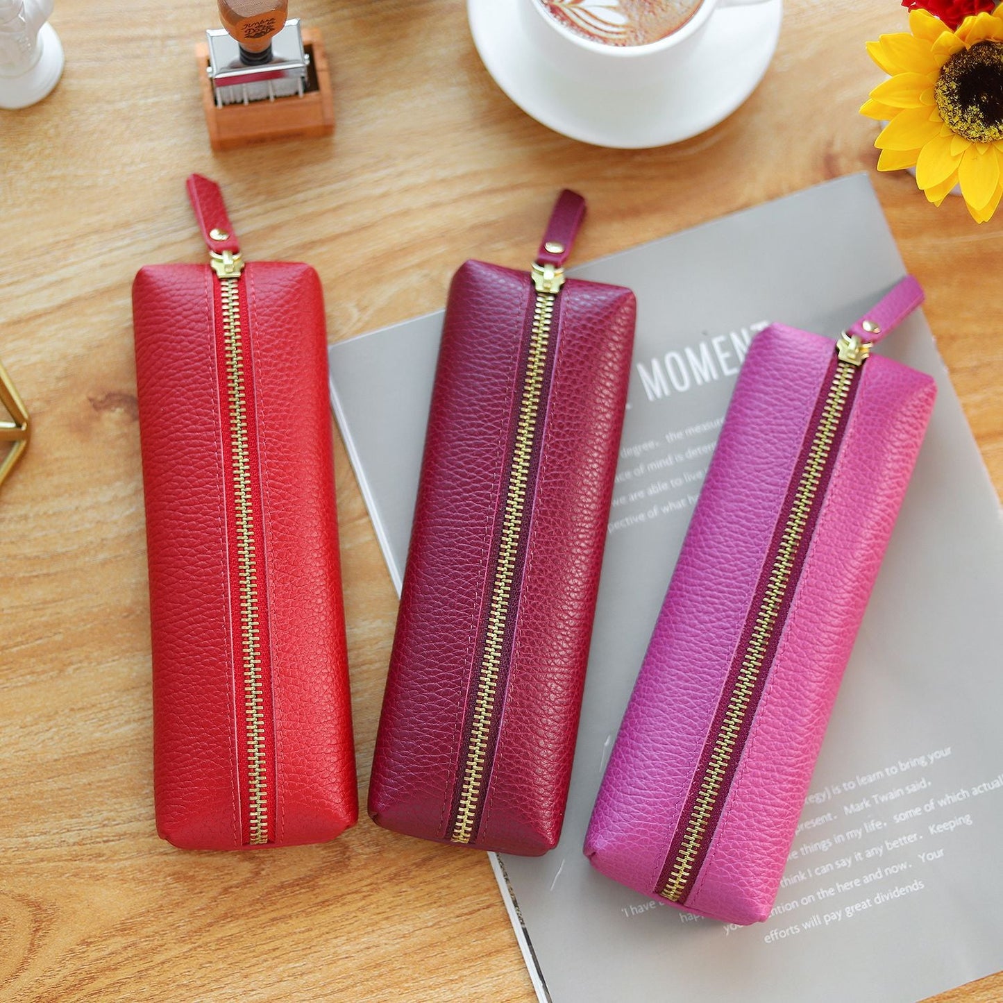 Cowhide Lychee Zipper Creative Pencil Case