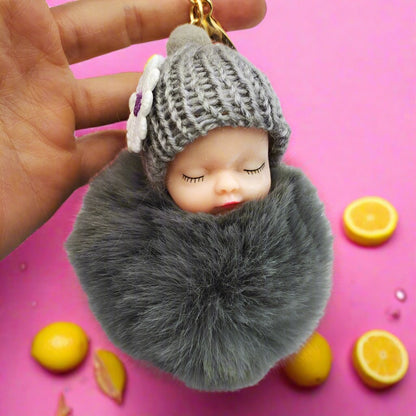 Cute sleeping doll keychain fur ball pendant