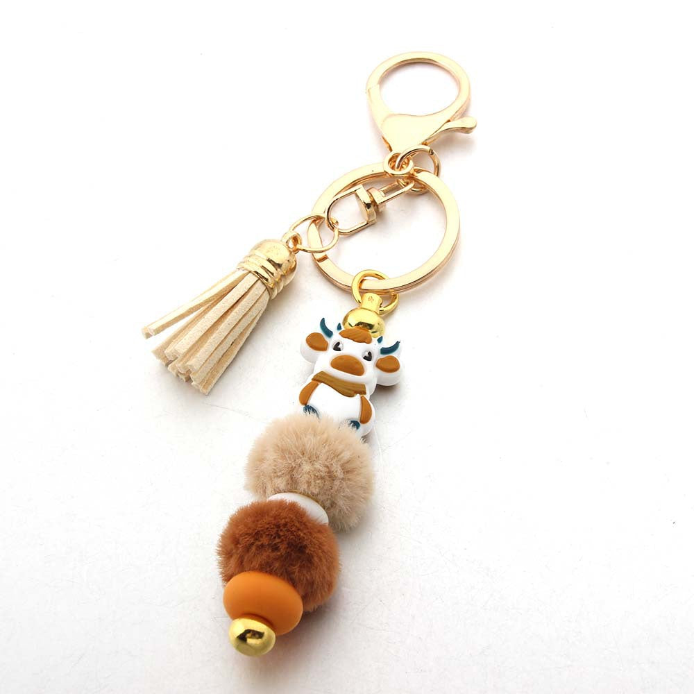Cartoon Cow Hair Ball Silicone Beaded Keychain