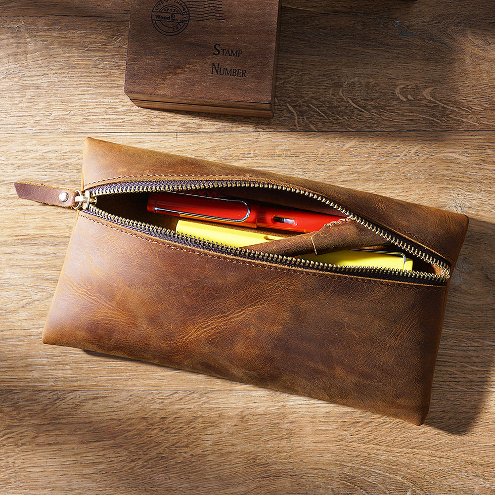 Cowhide Large -capacity Zipper Simple Portable Pen Bag