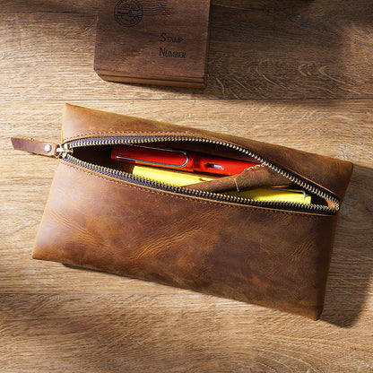 Cowhide Large -capacity Zipper Simple Portable Pen Bag