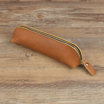 Vintage Minimalist Cowhide Zippered Pencil Case