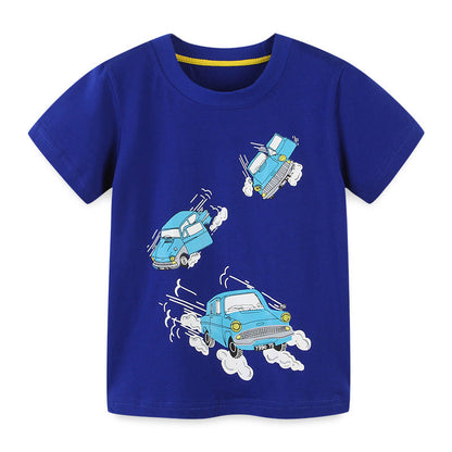 Cartoon round neck knitted cotton children's short sleeved T-shirt