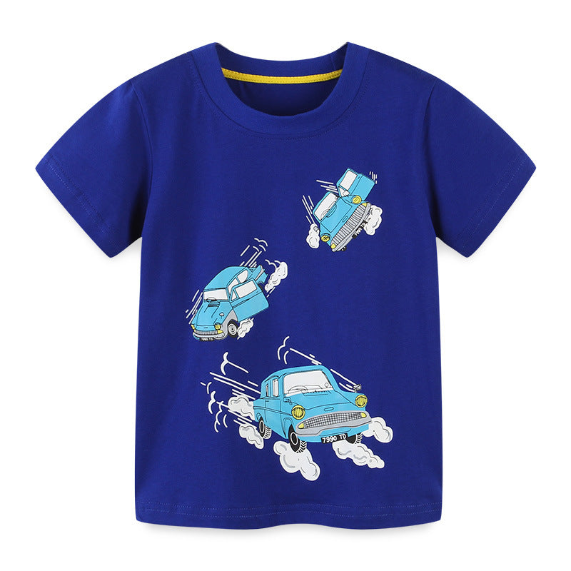 Cartoon round neck knitted cotton children's short sleeved T-shirt