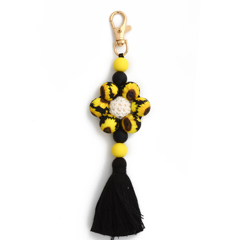Leopard Print Sunflower Silicone Beaded Tassel Keychain