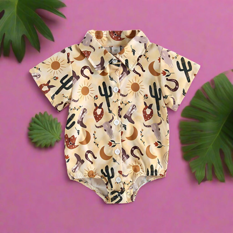 Cotton Boys Shirt Aztec Western Style Denim Cactus Jumpsuit