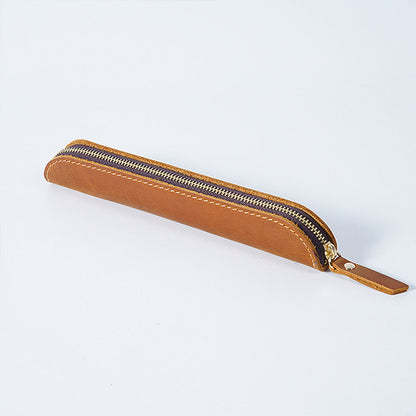 Retro Simple Leather Cowhide Zipper Mini Pencil Case